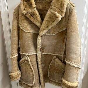 Tan Shearling Suede Coat with Fur Trim